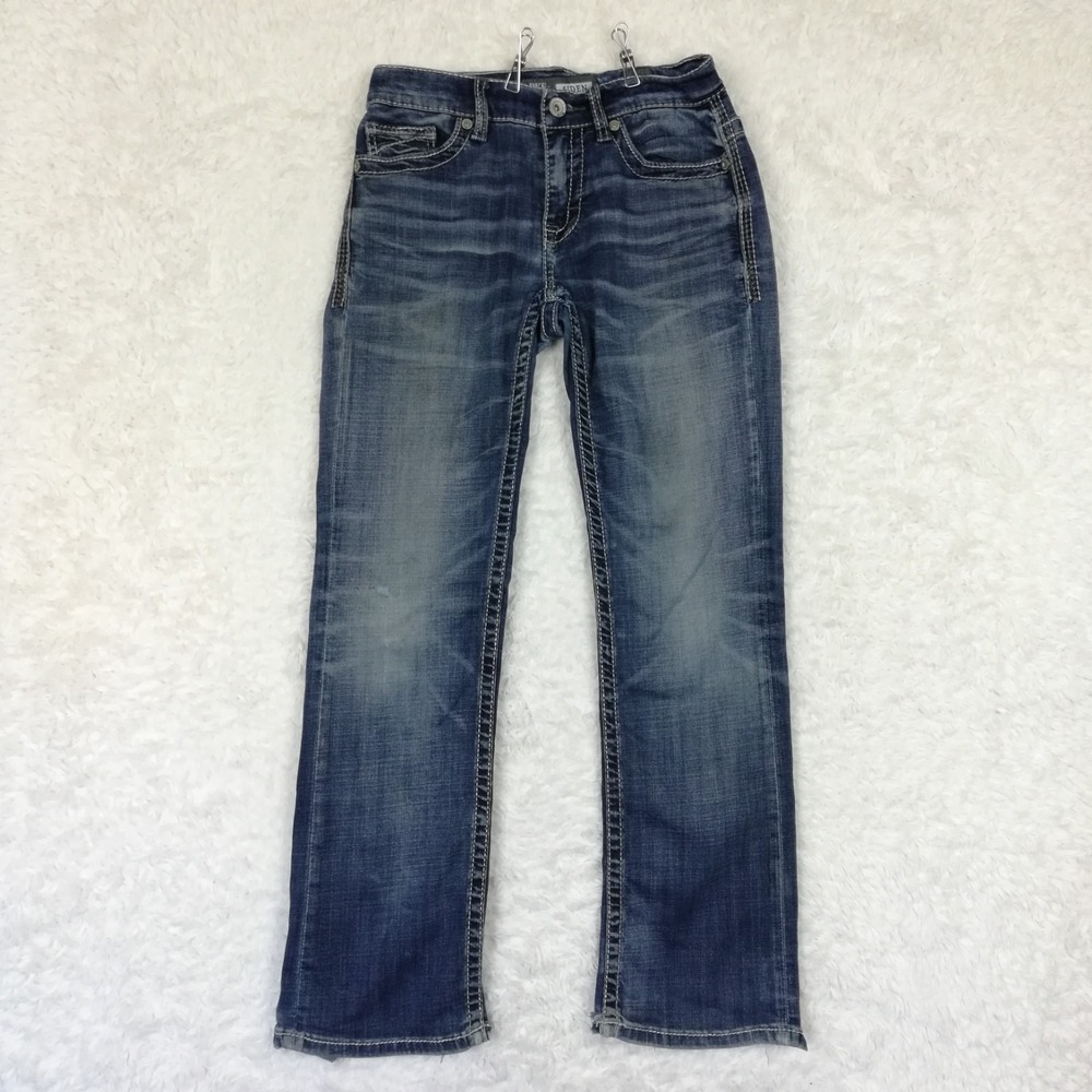 BKE Mens Jeans Aiden Boot Cut Blue Denim Whiskering Stone Wash Short 27S